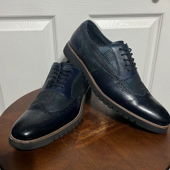 🔥🔥 STACY ADAMSBaxley Oxford Derby Wingtip Shoes - Ink Blue - Sz 13M - EUC
